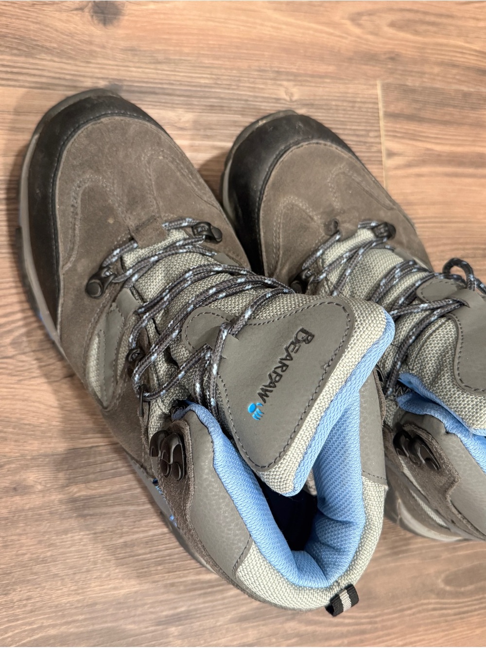BearPaw Women's Gray Lace-Up Hiking Boots with Light Blue Trim